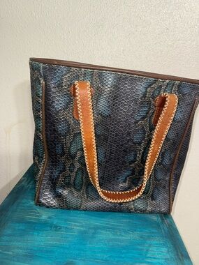 Blue Snake-Texture Tote with Brown Leather Handles